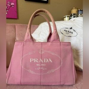 💯Authentic PRADA CANAPA Pink Canvas Logo Tote